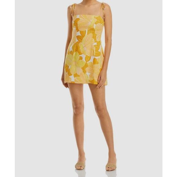 Faithfull the Brand Women's Yellow Linen Floral Ysla Mini Dress Size 4